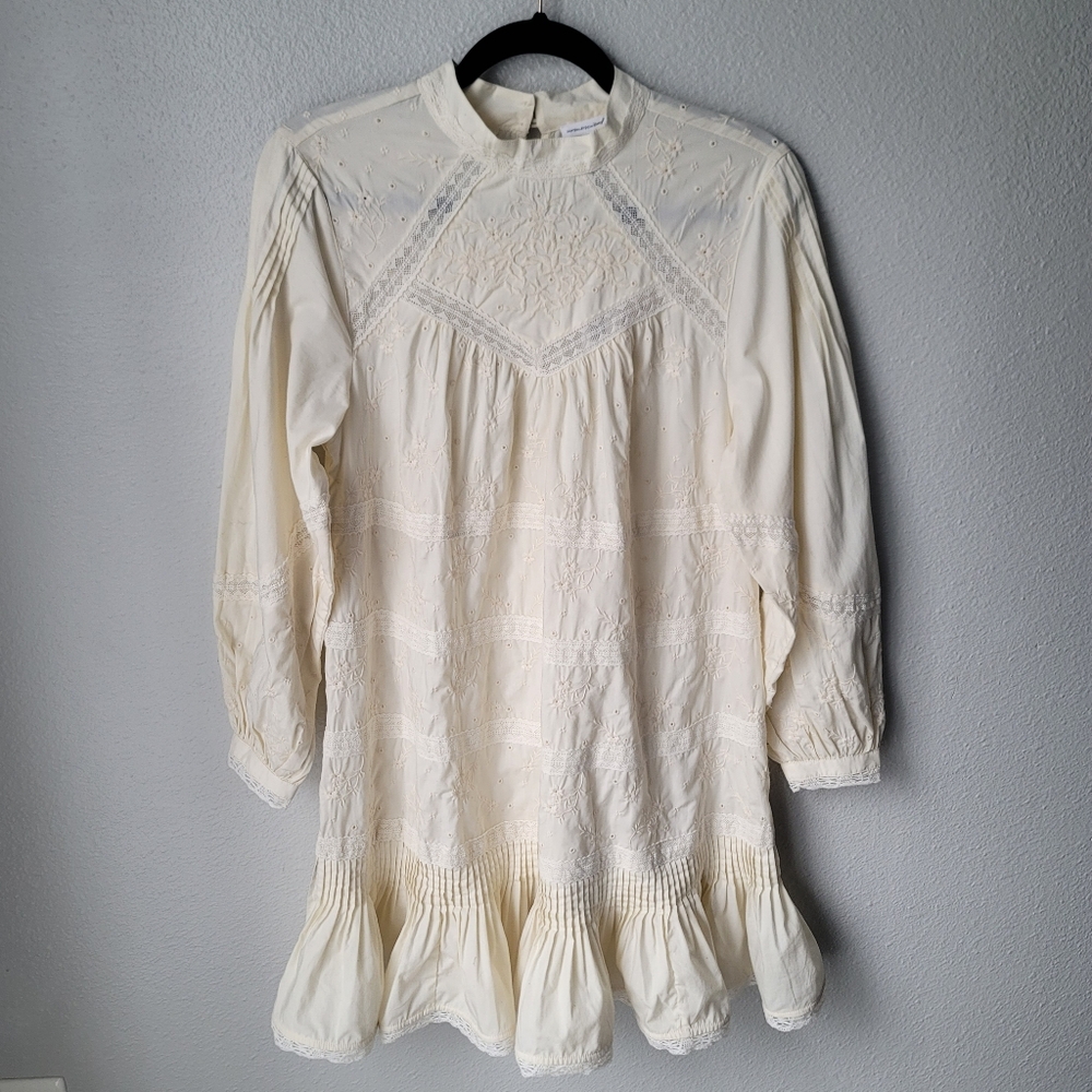 Unsubscribed 3008 Victorian Embroidered Boho Mini Dress Size XSmall In Ivory NWT